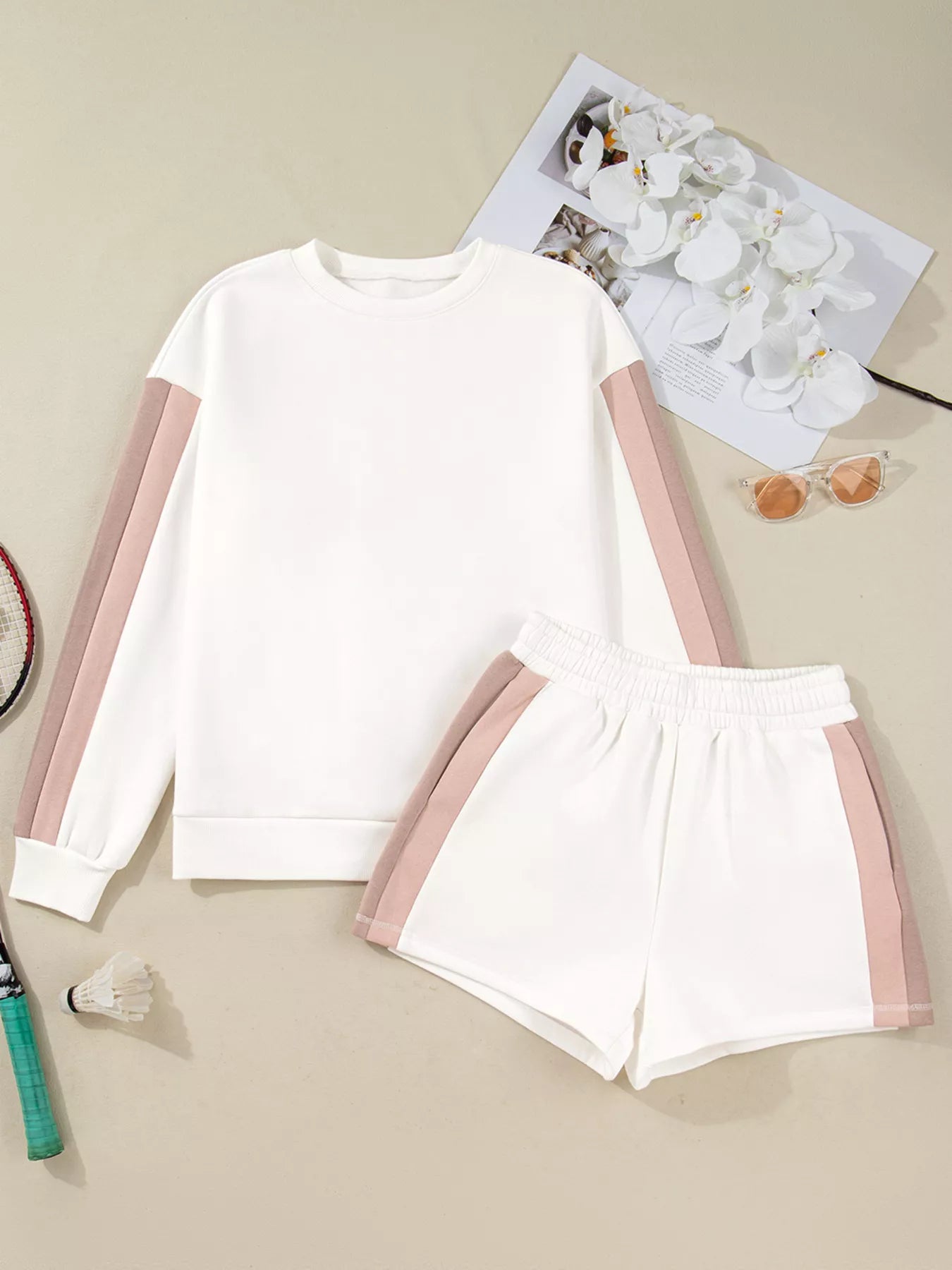 Color Block Patchwork Drop Shoulder Pullover and Shorts Set