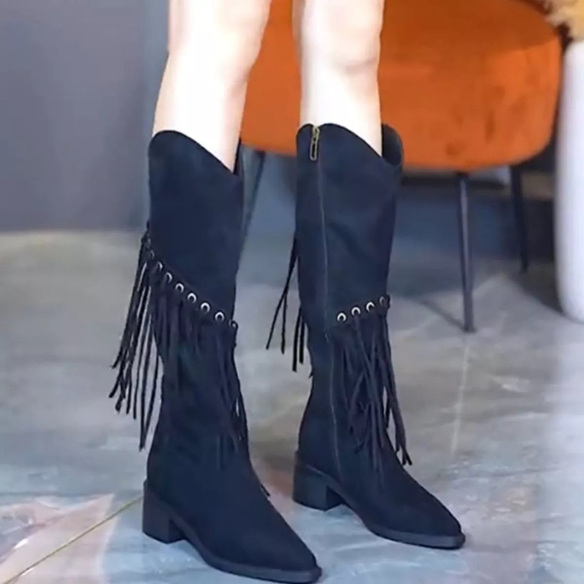 Fringed Point Toe Block Heel Boots Black