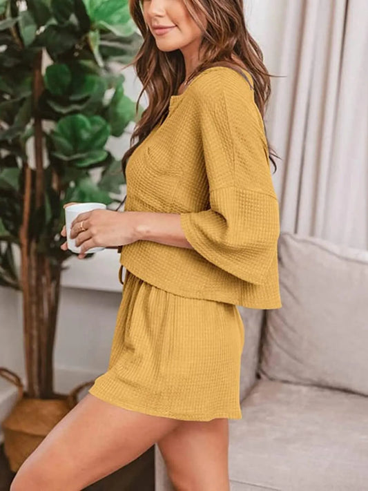 Waffle Knit Top and Shorts Lounge Set Yellow