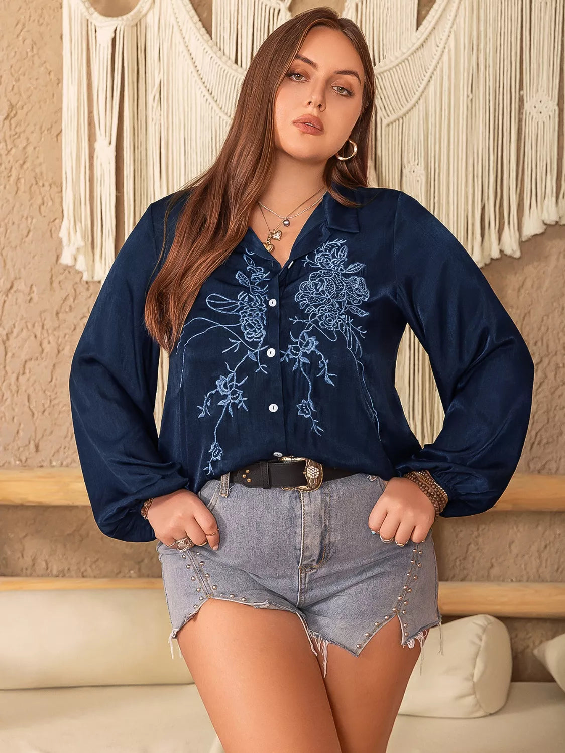 Plus Size Embroidered Long Sleeve Shirt