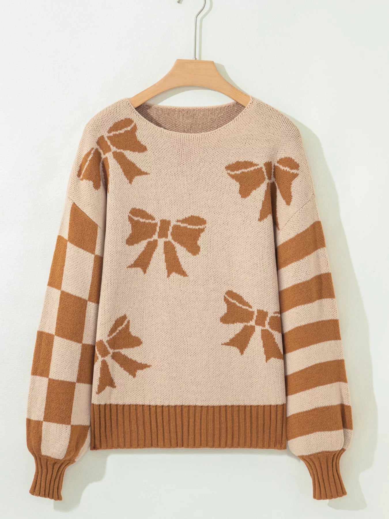 Ribbon Bow Checkered Striped Sleeve Drop Shoulder Sweater