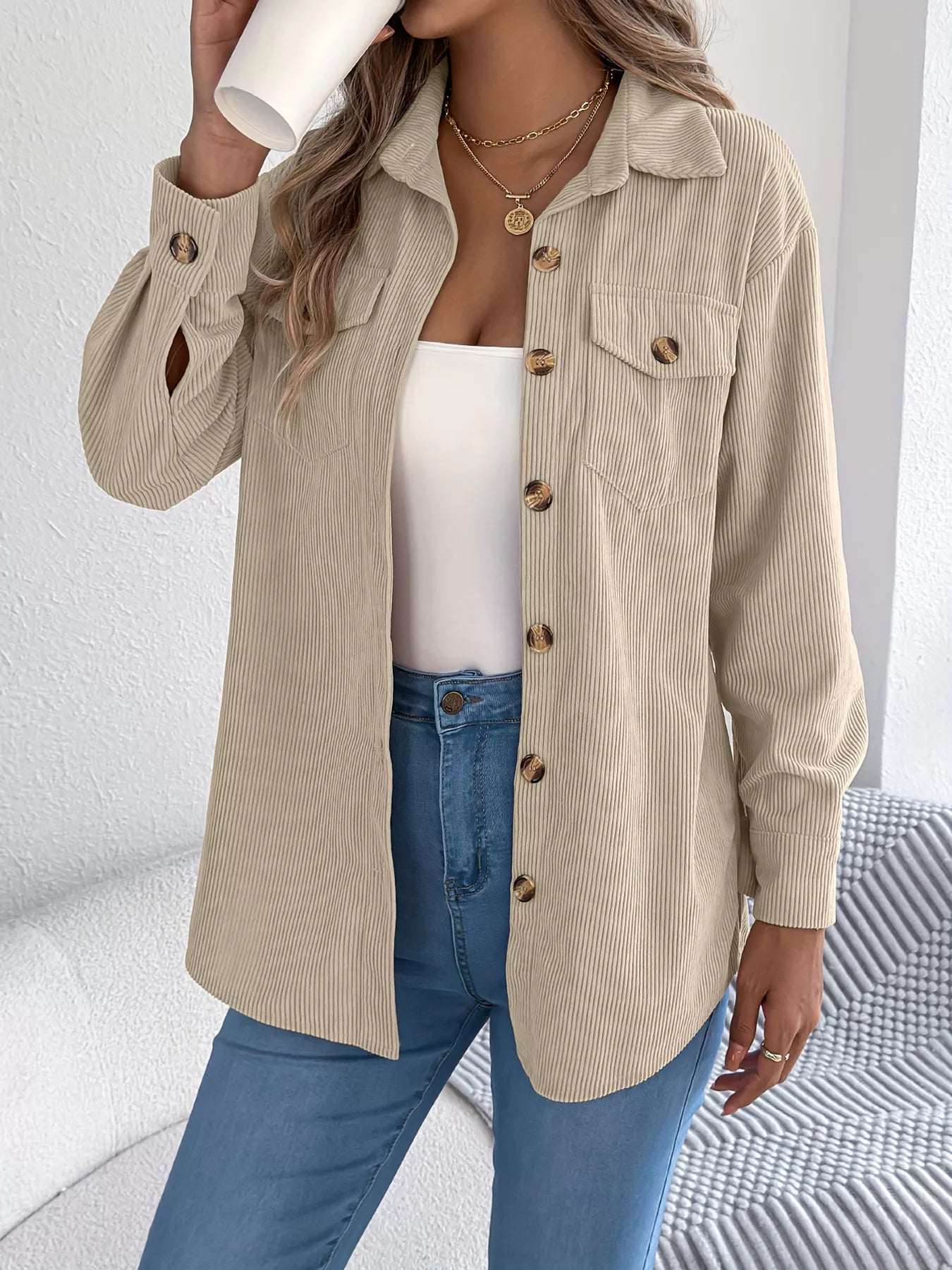 Corduroy Button-Up Long Sleeve Shacket