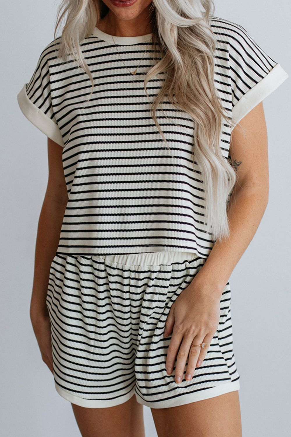 Striped Contrast Top and Shorts Set