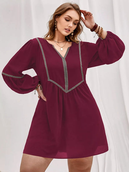 Plus Size Notched Balloon Sleeve Mini Dress Burgundy