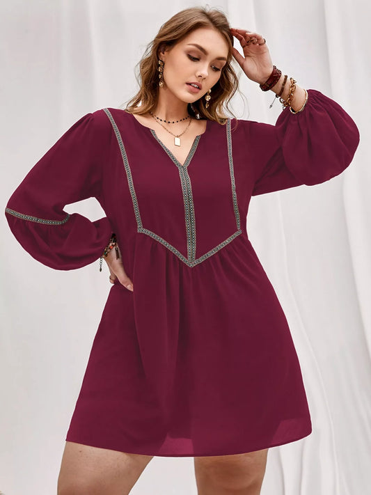 Plus Size Notched Balloon Sleeve Mini Dress Burgundy