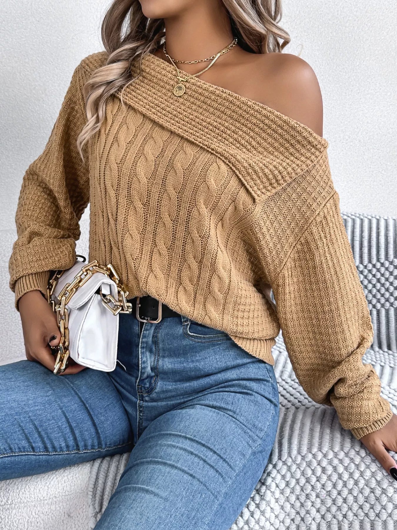 Off-Shoulder Cable Knit Sweater Tan