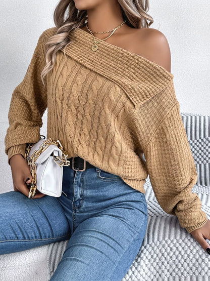Off-Shoulder Cable Knit Sweater Tan