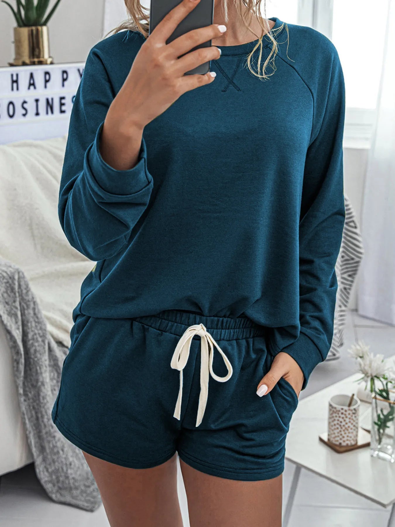 Round Neck Raglan Sleeve Top and Shorts Lounge Set