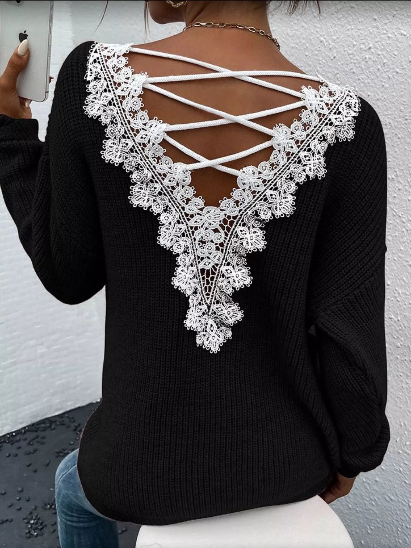 Lace-Trimmed Back V-Neck Sweater Black