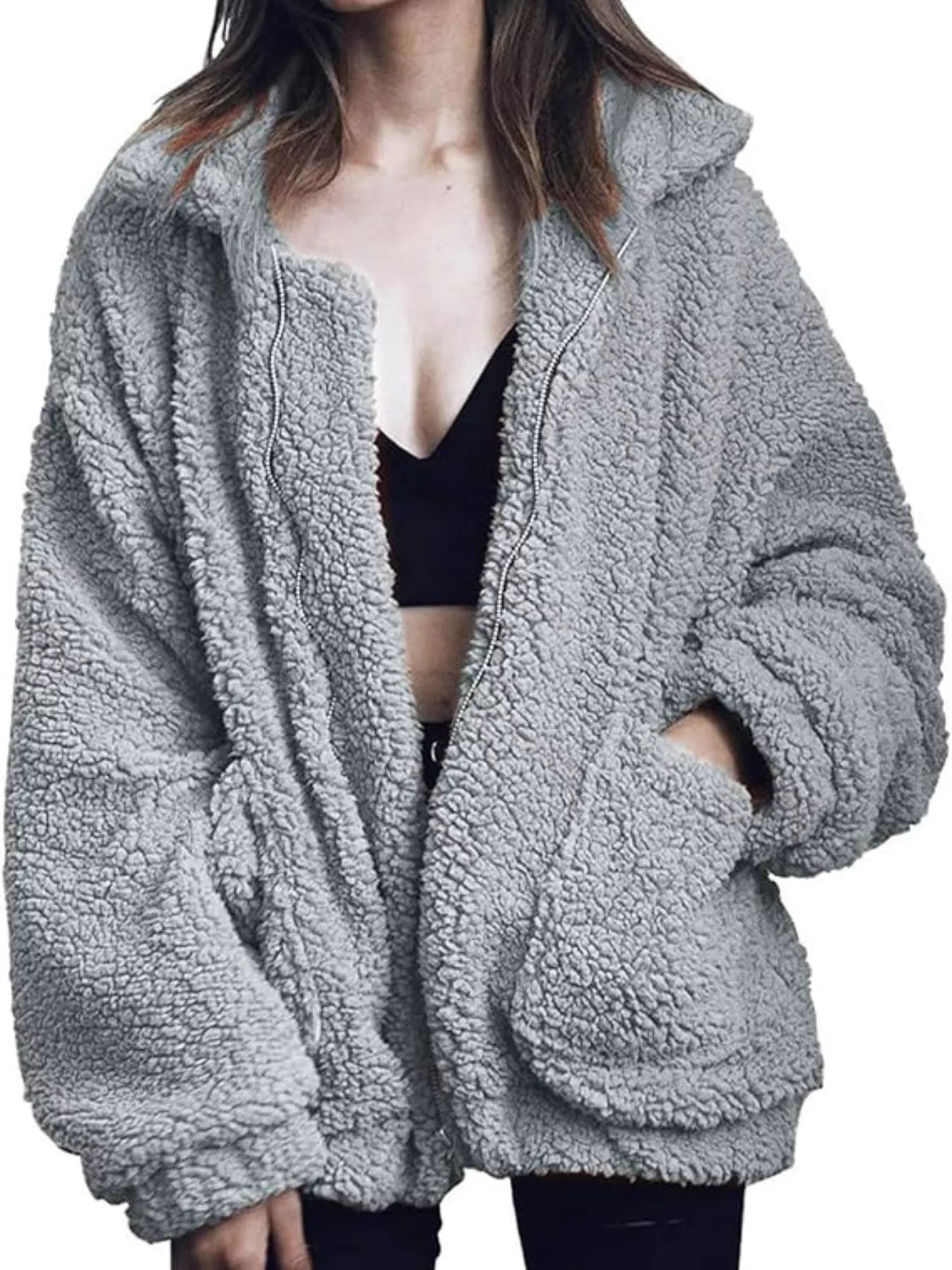 Full Size Cozy Fleece Zip Up Jacket Plus Size Gray