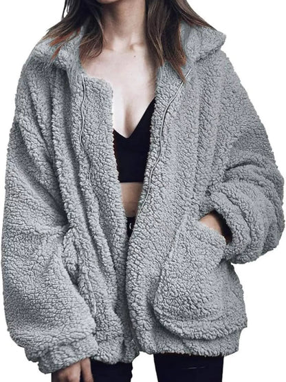 Full Size Cozy Fleece Zip Up Jacket Plus Size Gray