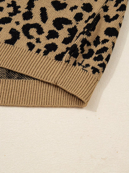 Ribbed Trim Round Neck Leopard Drop Shoulder Sweater