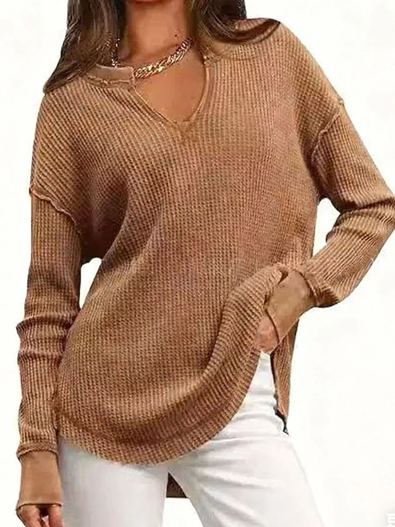 Waffle Knit Long Sleeve Sweatshirt Khaki