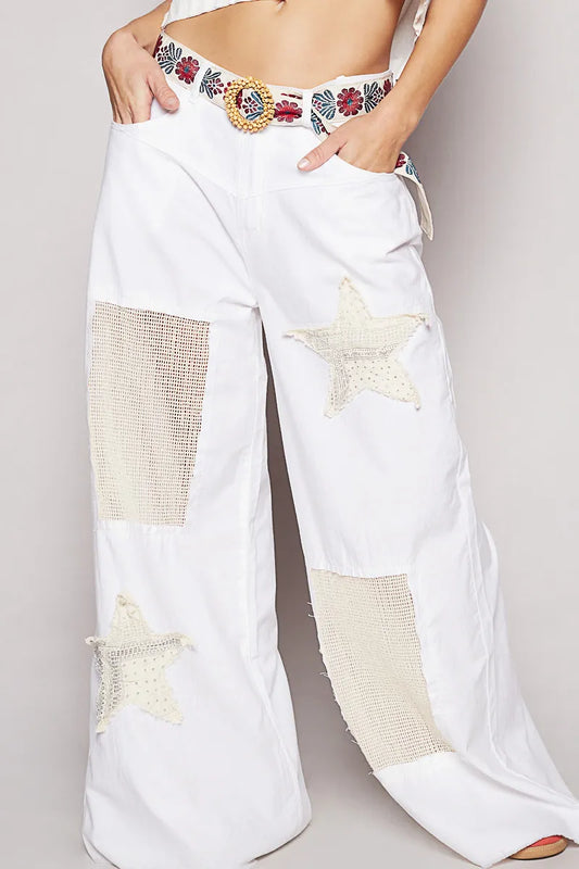 POL Raw Hem Star Patch Wide Leg Pants White