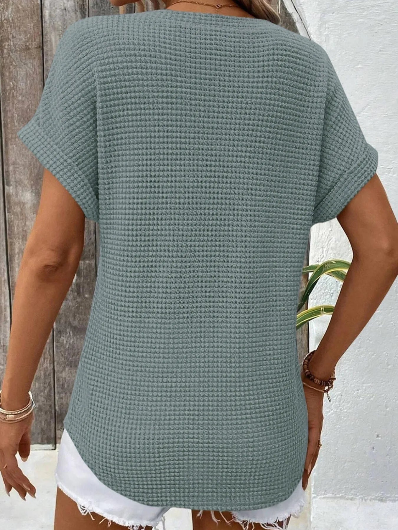Waffle Knit V-Neck Casual T-Shirt