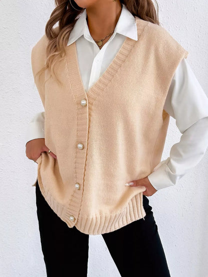 Button-Down Button Up Sweater Vest Apricot One Size