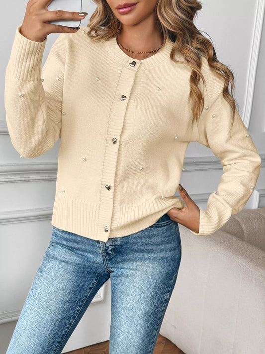 Pearl Embellished Button-Up Cardigan Apricot