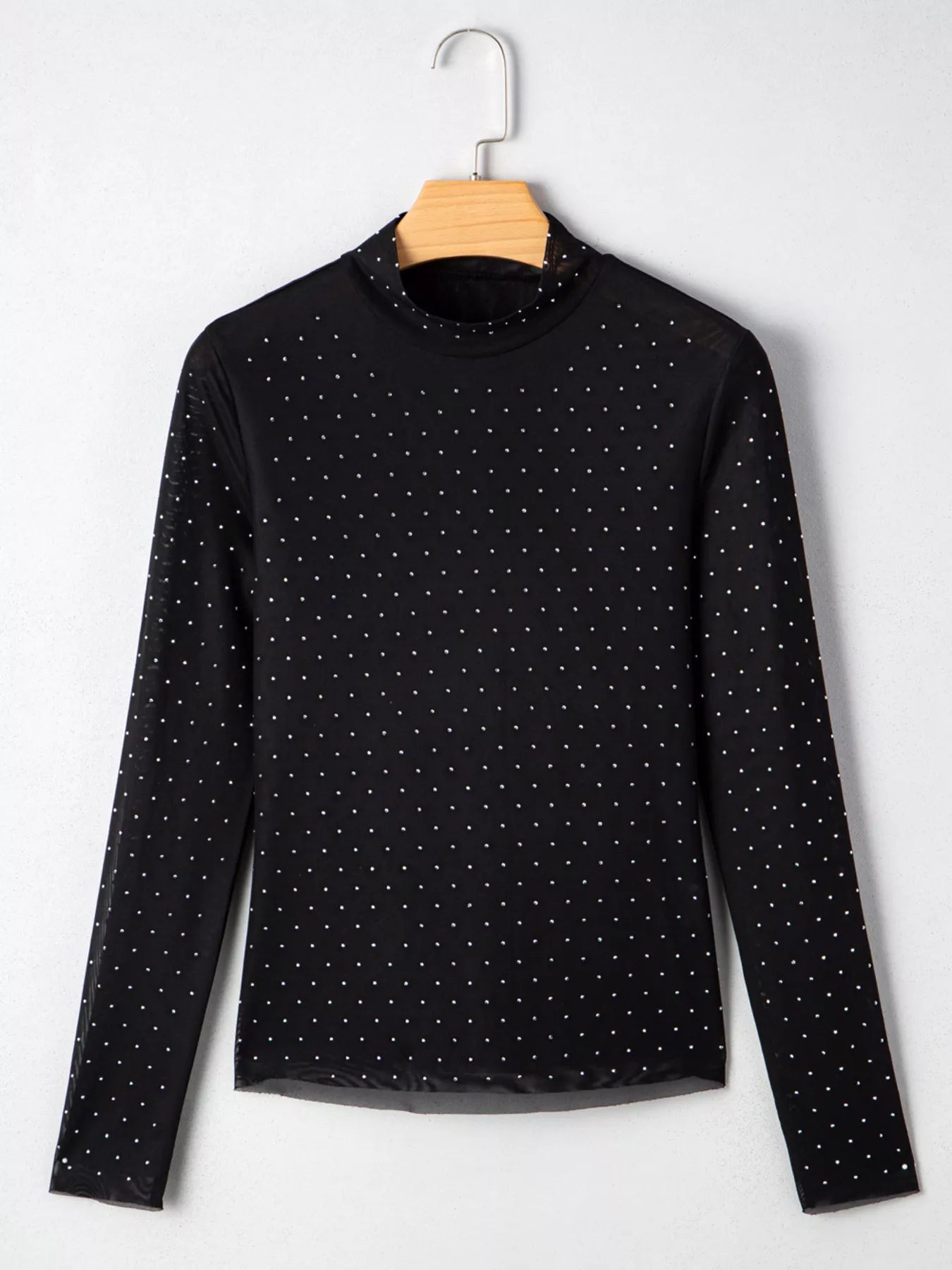 Rhinestone Embellished Mesh Long Sleeve Top