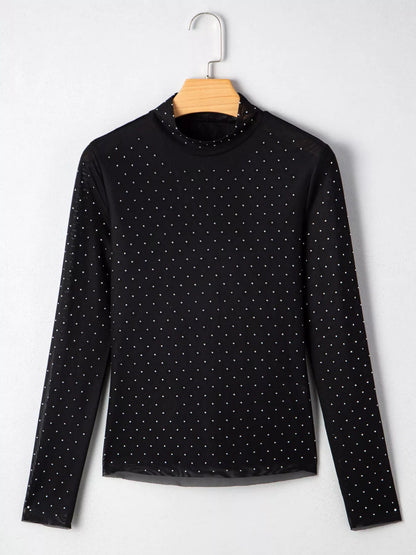 Rhinestone Embellished Mesh Long Sleeve Top