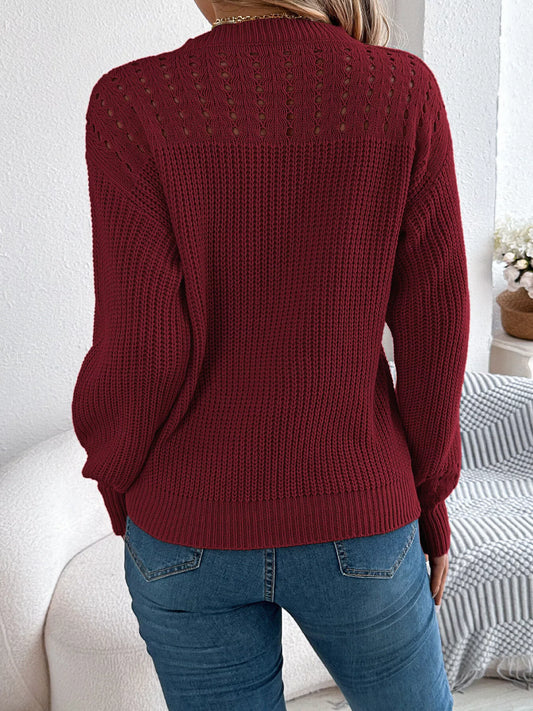 Openwork Round Neck Long Sleeve Sweater