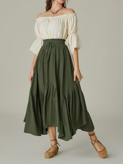 Smocked Waist Band Ruched Layered Skirt Army Green