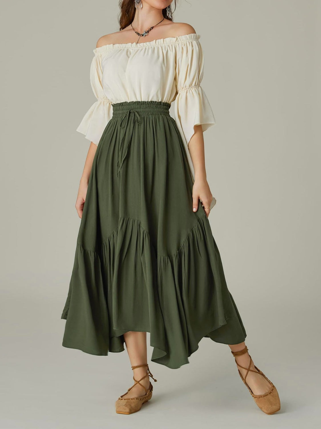 Smocked Waist Band Ruched Layered Skirt Army Green