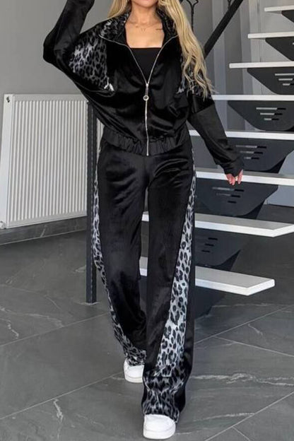 Full Size Collared Neck Leopard Zip Up Top and Pants Set Plus Size Black
