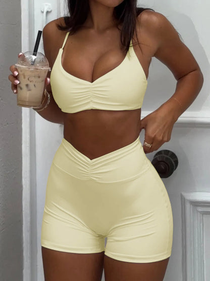 Ruched Sports Bra and High-Waisted Shorts Active Set Yellow