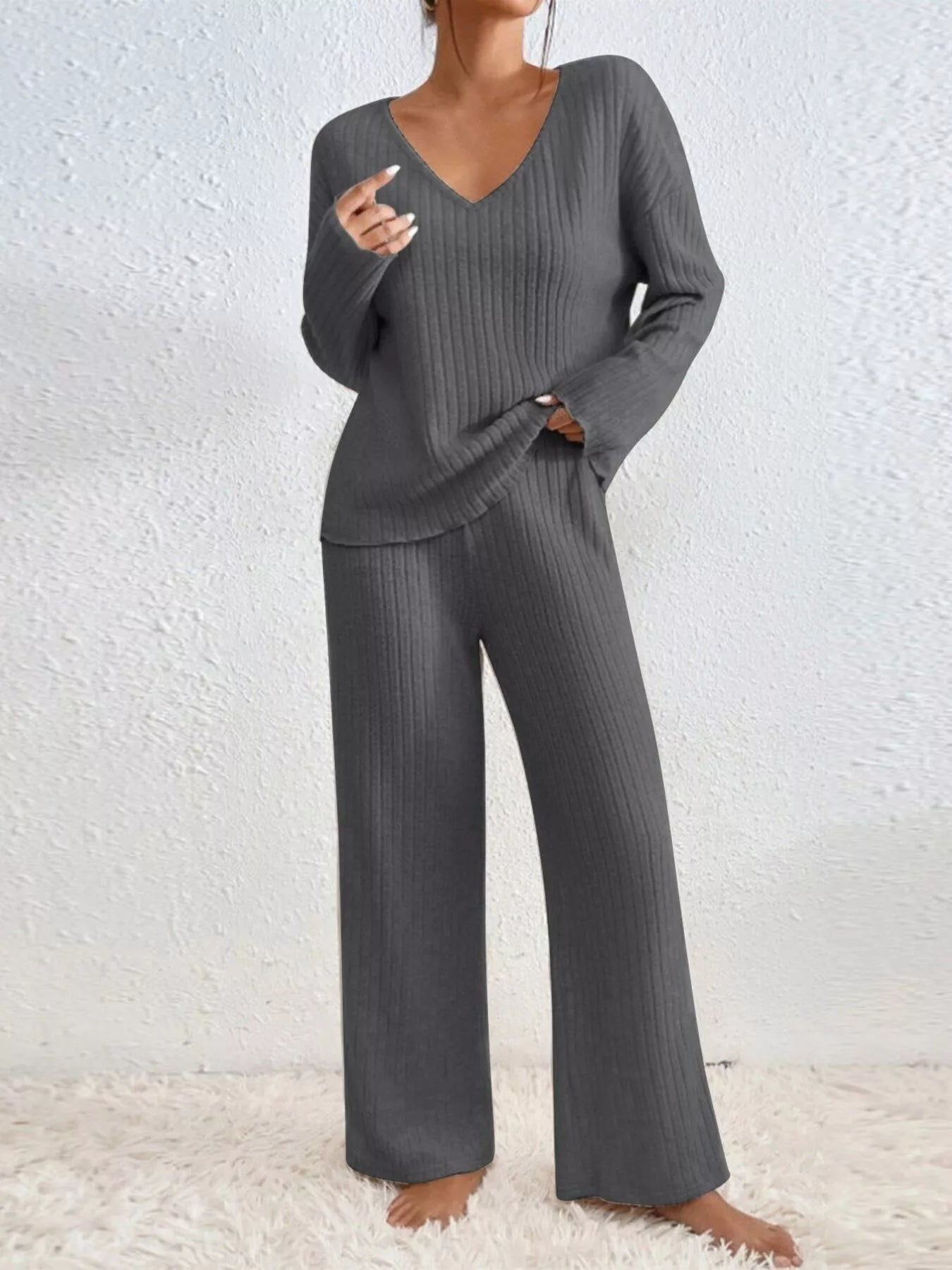 Ribbed V-Neck Top and Pants Set