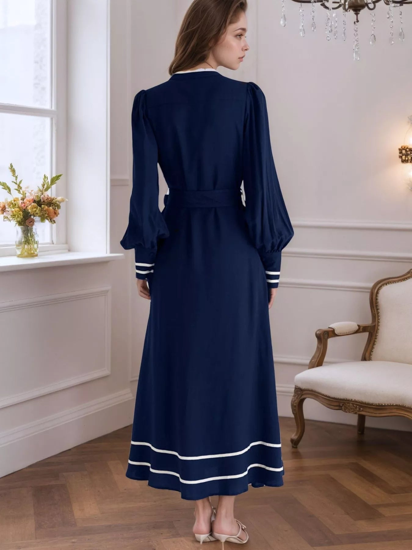 Notched Lantern Sleeve Dress