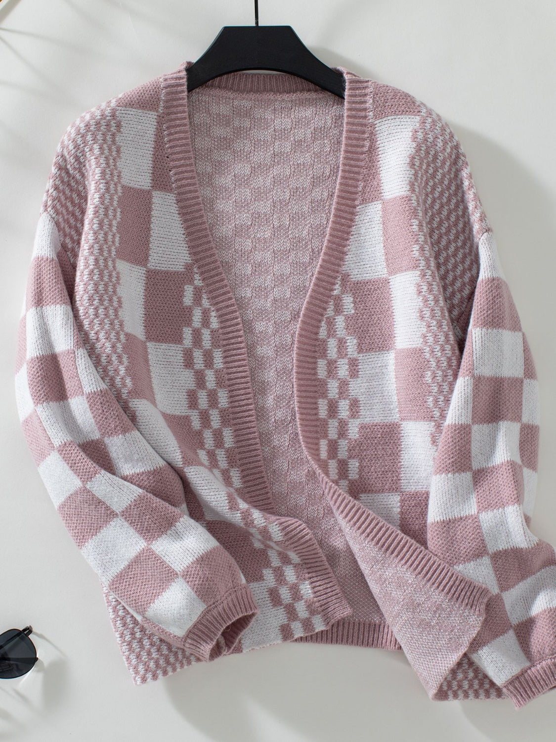 Back To School Sweater - Double Take Checkered Open Front Dropped Shoulder Cardigan Dusty Pink