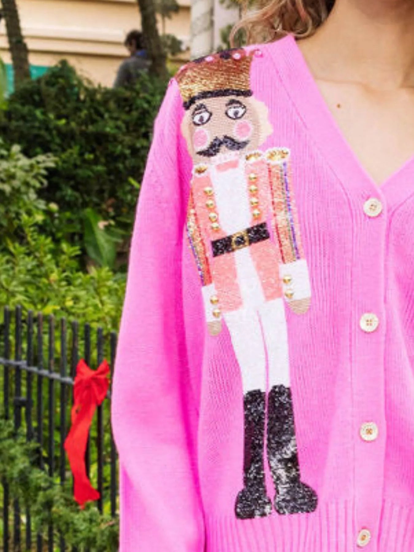 Nutcracker Ribbed Hem V-Neck Cardigan