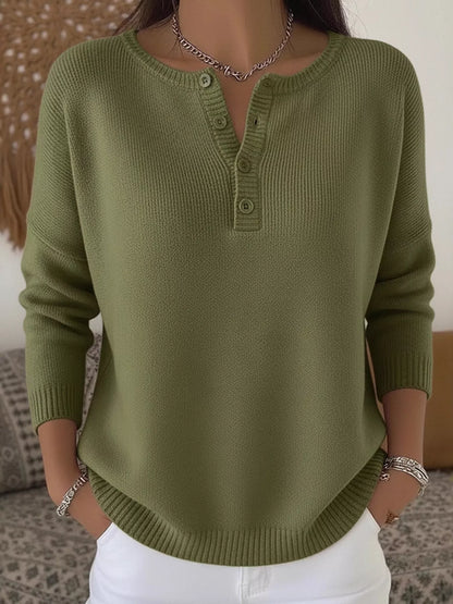 Full Size Half Button Long Sleeve Knit Top Plus Size Army Green