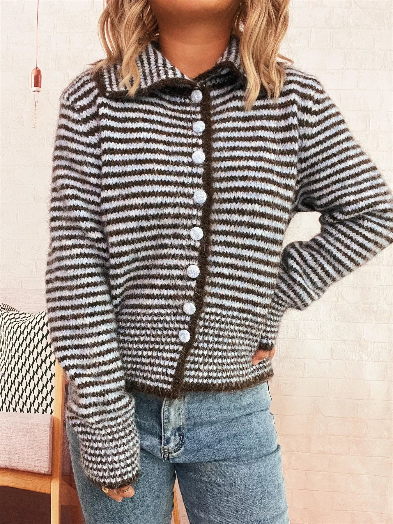 Striped Button-Up Long Sleeve Cardigan Brown One Size