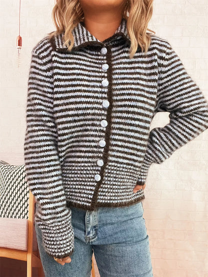 Striped Button-Up Long Sleeve Cardigan Brown One Size