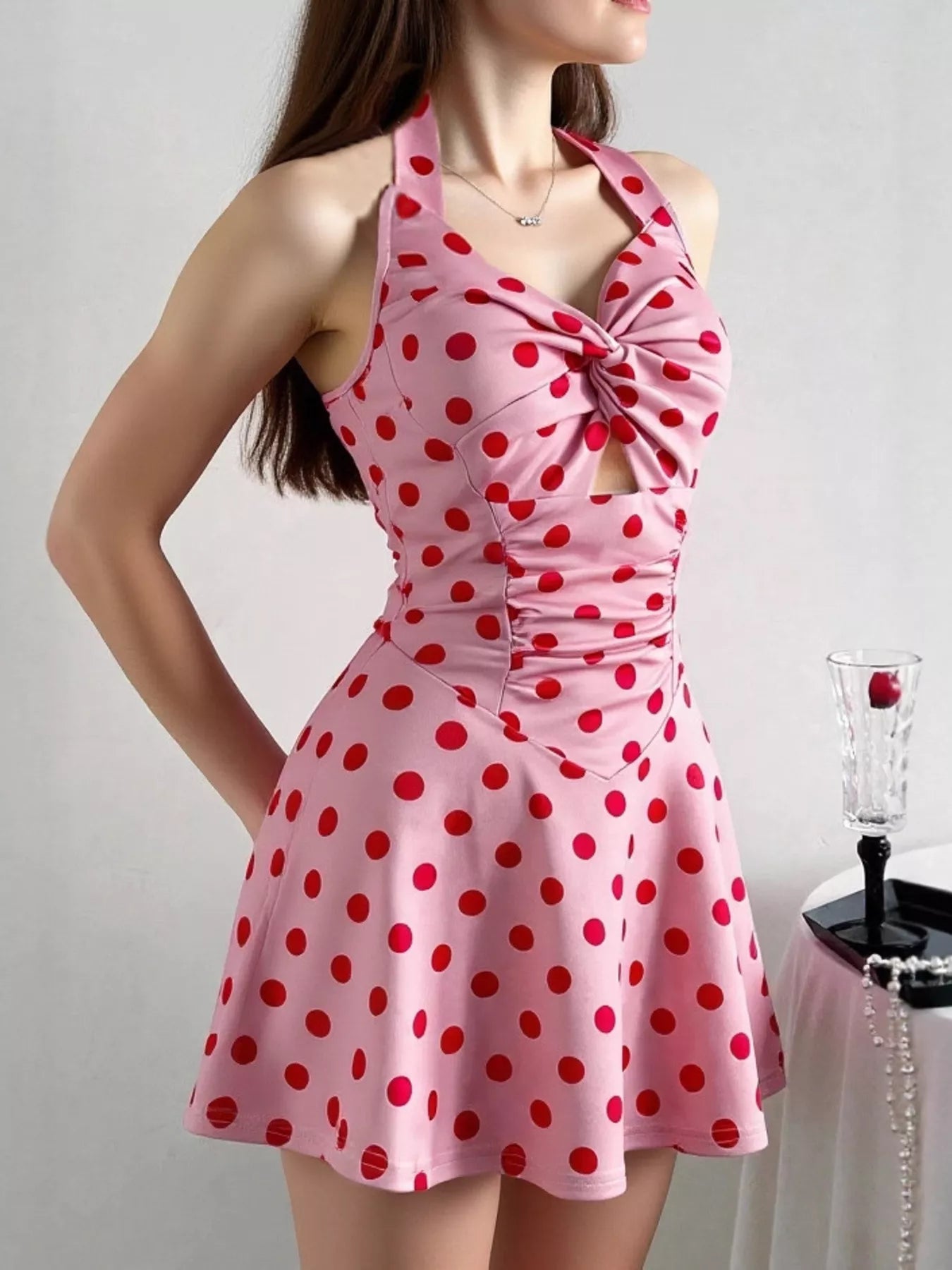 Polka Dot Halter Neck Twisted Front Mini Dress