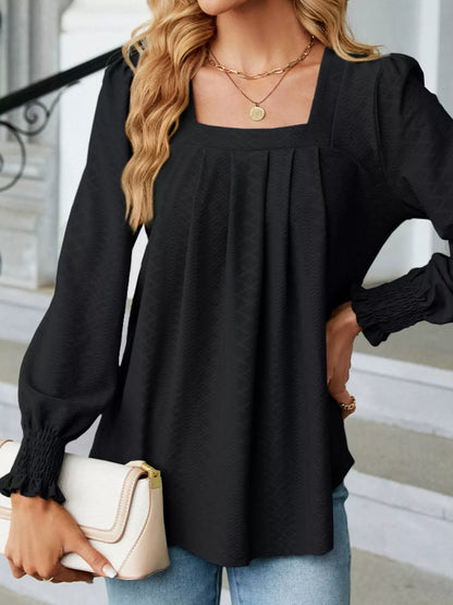 Pleated Square Neck Long Sleeve Top