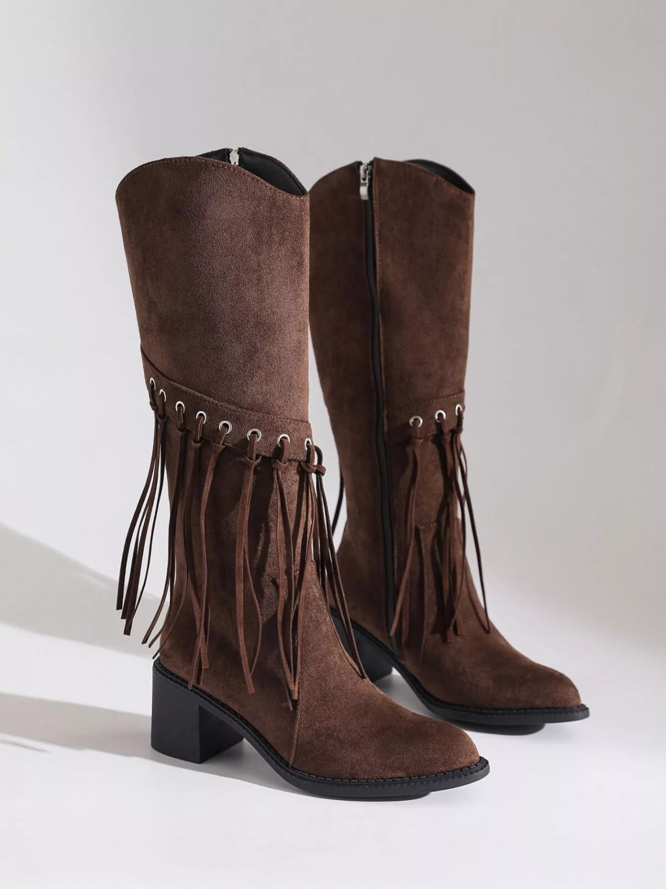 Fringe Point Toe Block Heels Boots