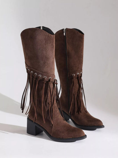 Fringe Point Toe Block Heels Boots