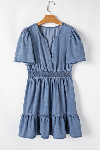 Ruffled Hem Smocked Flutter Sleeve Denim Mini Dress