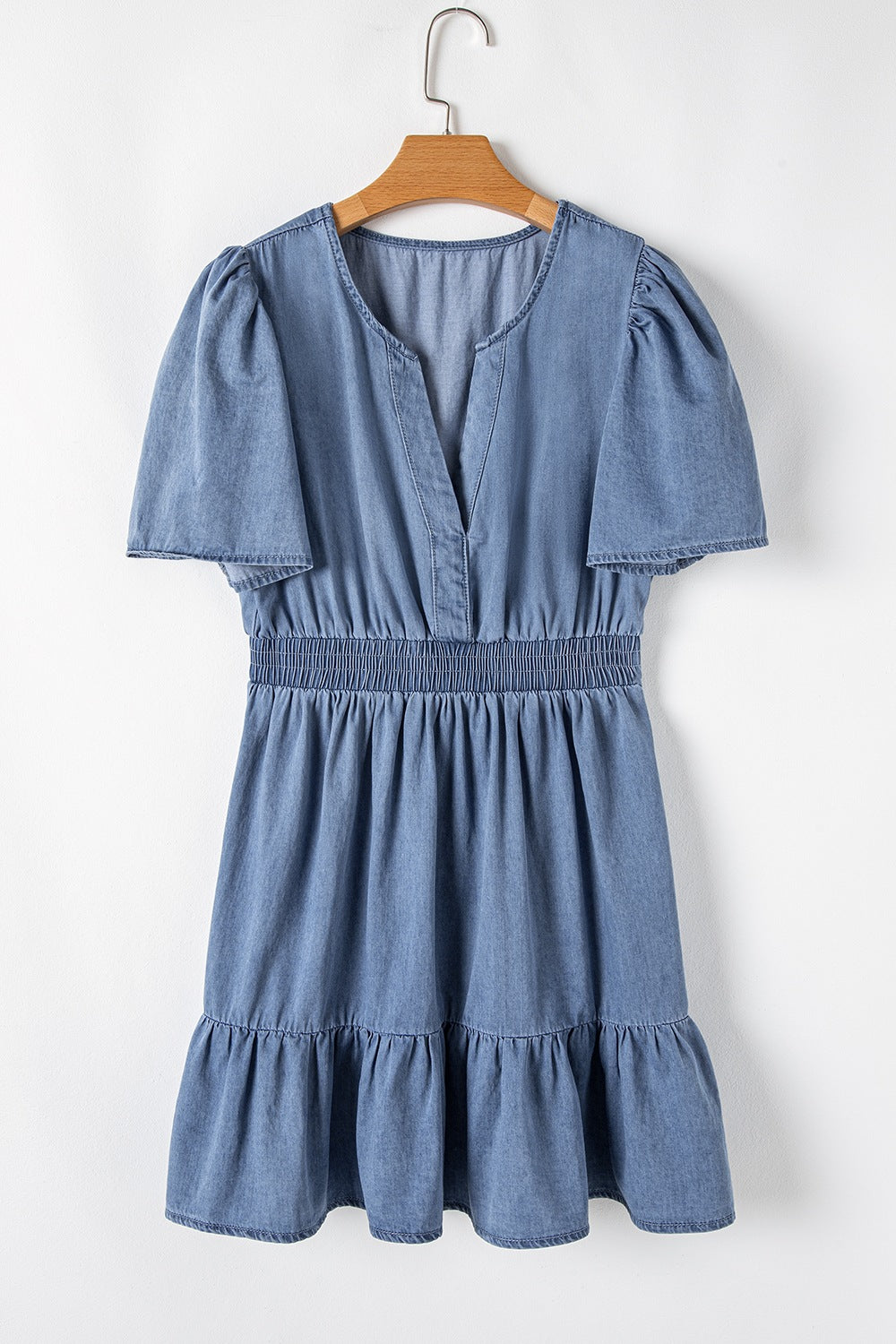 Ruffled Hem Smocked Flutter Sleeve Denim Mini Dress