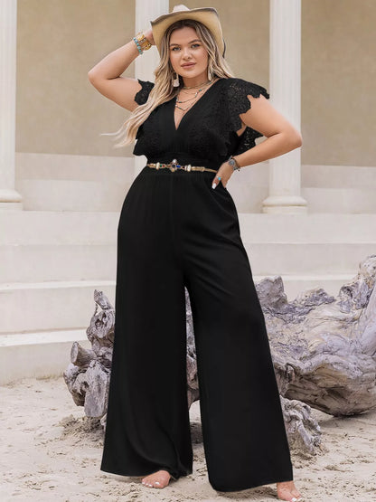 Plus Size Lace Cap Sleeve Wide Leg Jumpsuit Black
