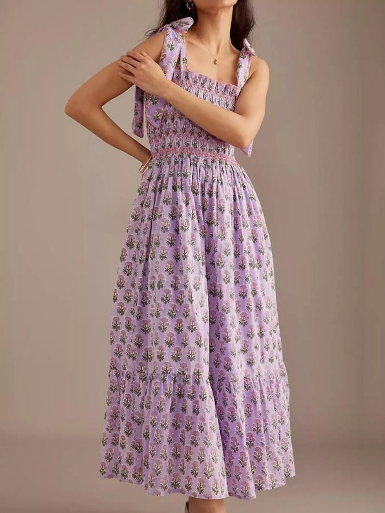 Floral Smocked Tie-Shoulder Midi Dress Lilac