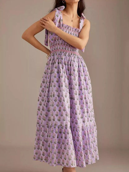 Floral Smocked Tie-Shoulder Midi Dress Lilac