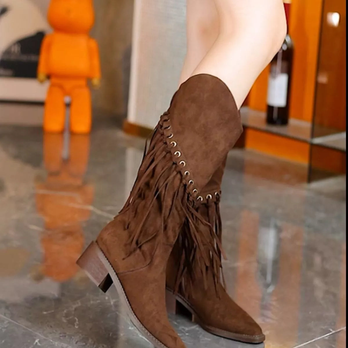 Fringed Point Toe Block Heel Boots