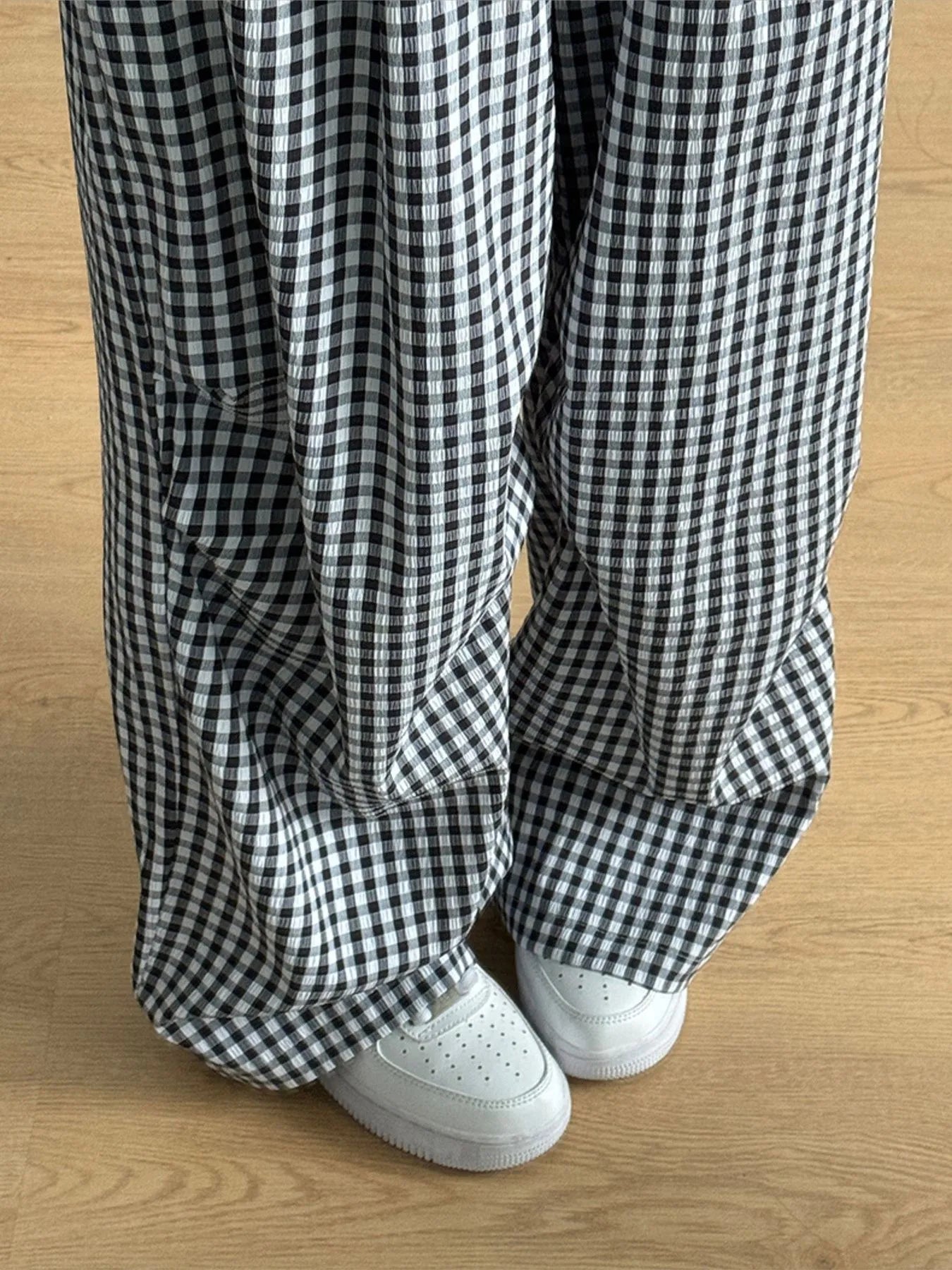 Gingham Check Wide Leg Casual Pants