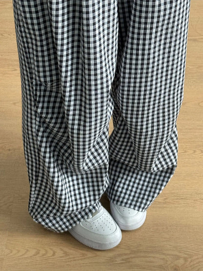 Gingham Check Wide Leg Casual Pants