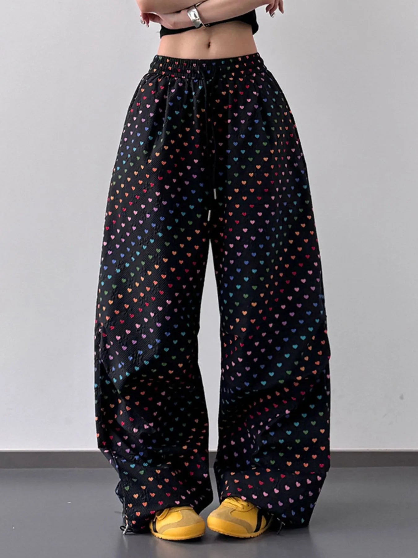 Heart Print Drawstring Wide Leg Pants