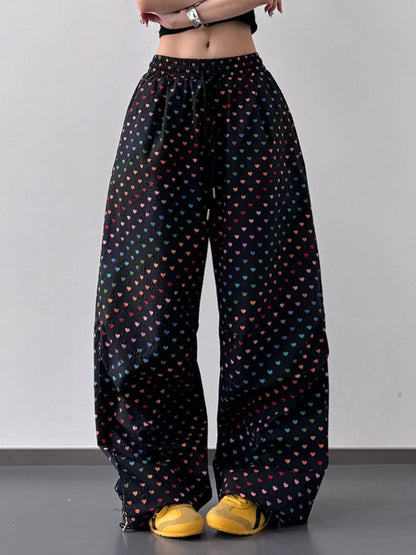 Heart Print Drawstring Wide Leg Pants