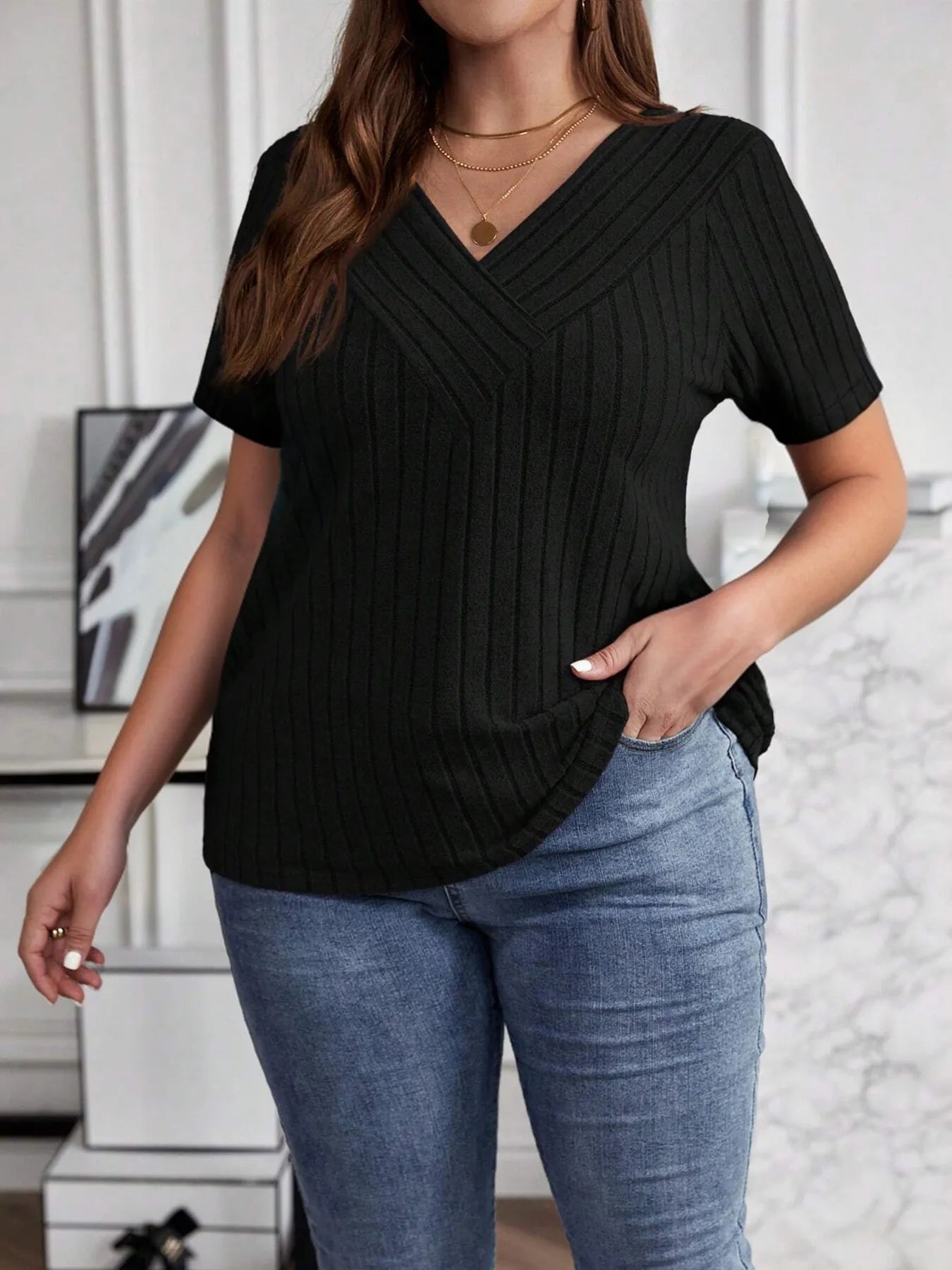 Plus Size V-Neck Short Sleeve Ribbed T-Shirt